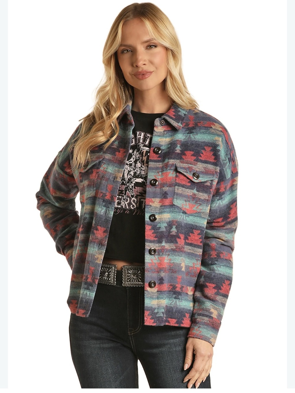Rock & Roll Cowgirl Women Southwestern Button Up Shirt Jacket Aztec Shacket Med